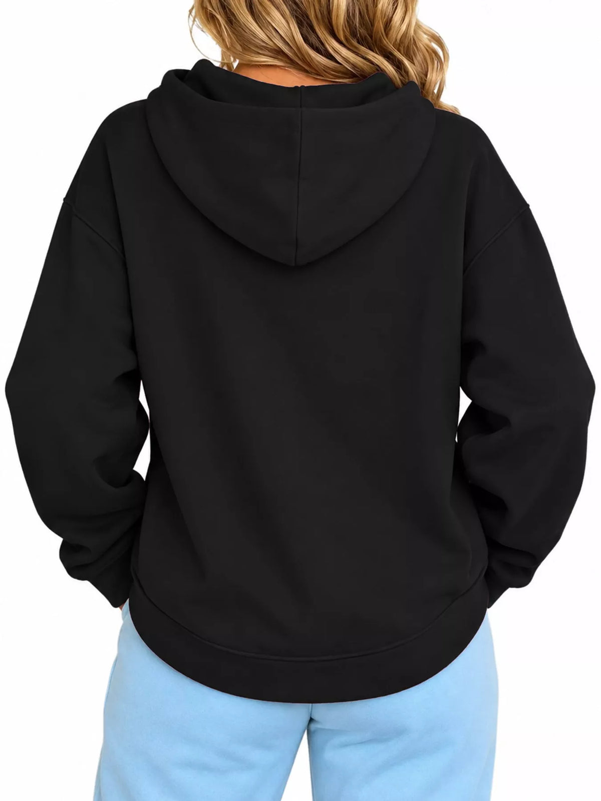 Black cat pouch drawstring hoodie, back view with hood and kangaroo pocket