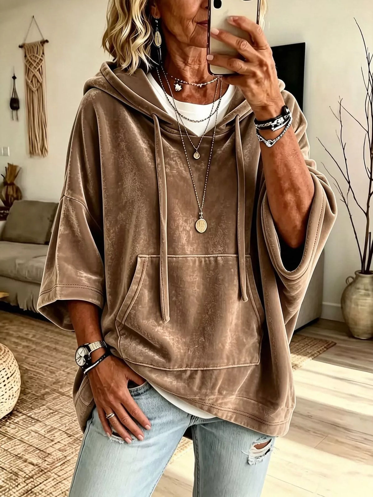 Camel velvet kangaroo pocket hoodie with hood, drawstring ties, and drop sleeves