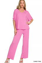 V-neck oversized top and wide-leg pants set in candy pink