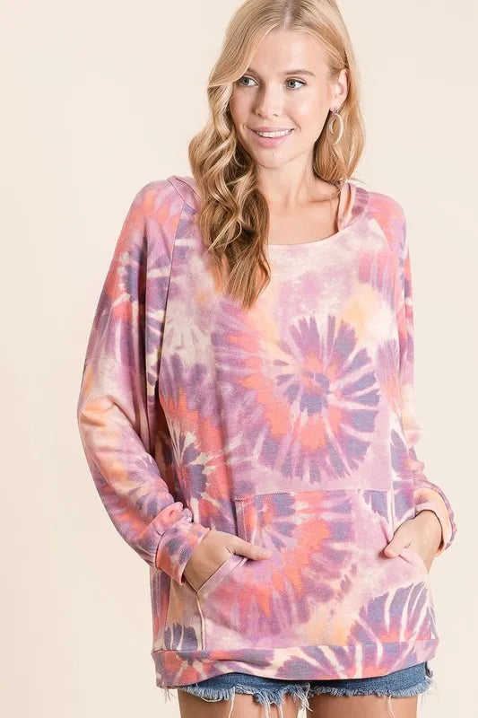 BiBi Circular Tie Dye Terry Hoodie with Kangaroo Pocket – Cozy & Trendy