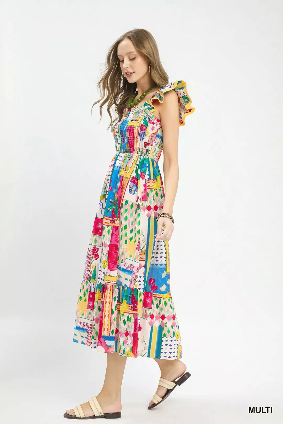 Multi-color abstract print tiered midi dress with smocked bodice and ruffled shoulders