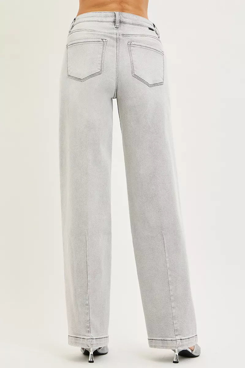 Light grey baggy jeans with two back pockets and belt loops, relaxed wide legs
