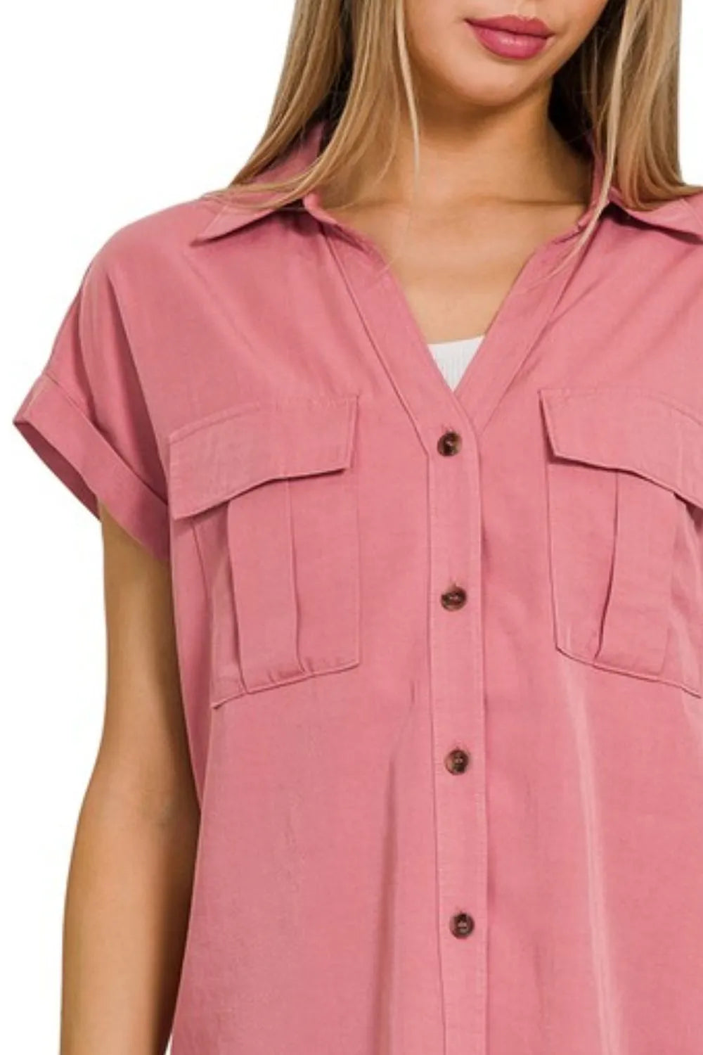 Dusty Rose Utility Blouse – Lightweight V-Neck with Chest Pockets