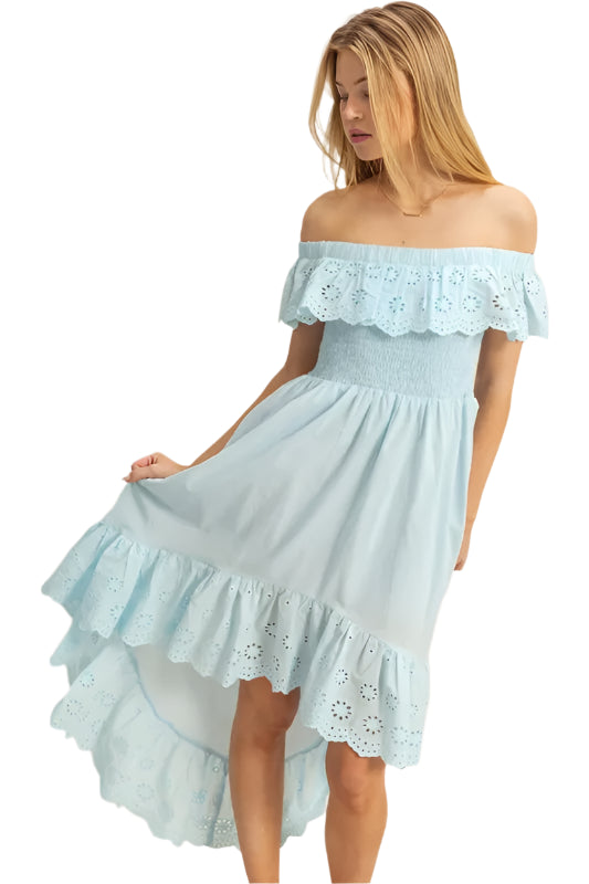 HYFVE High-Low Eyelet Ruffled Off-Shoulder Dress