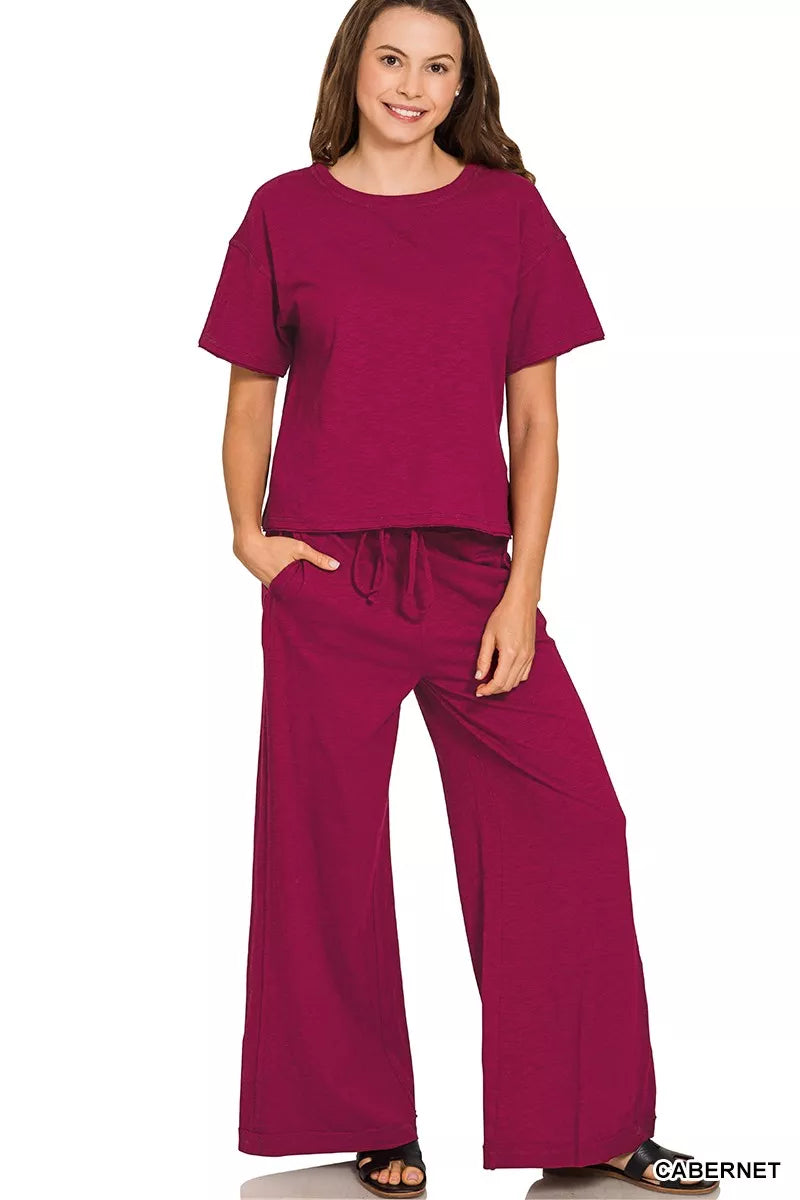 Zenana Cotton Slub Tee & Pants Set – Casual Comfort with Effortless Style