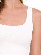 White ribbed square-neck brami neckline and wide strap close-up