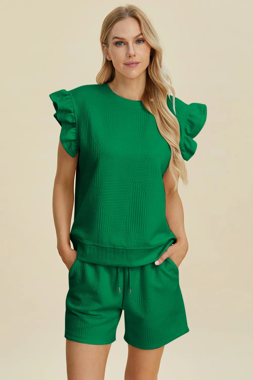Dark green textured ruffle cap-sleeve top and matching drawstring shorts, front view