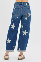 Dreamkue-Risen Women's Ankle Length Relaxed Barrel Star Print Jeans Trendy Casual Denim Pants
