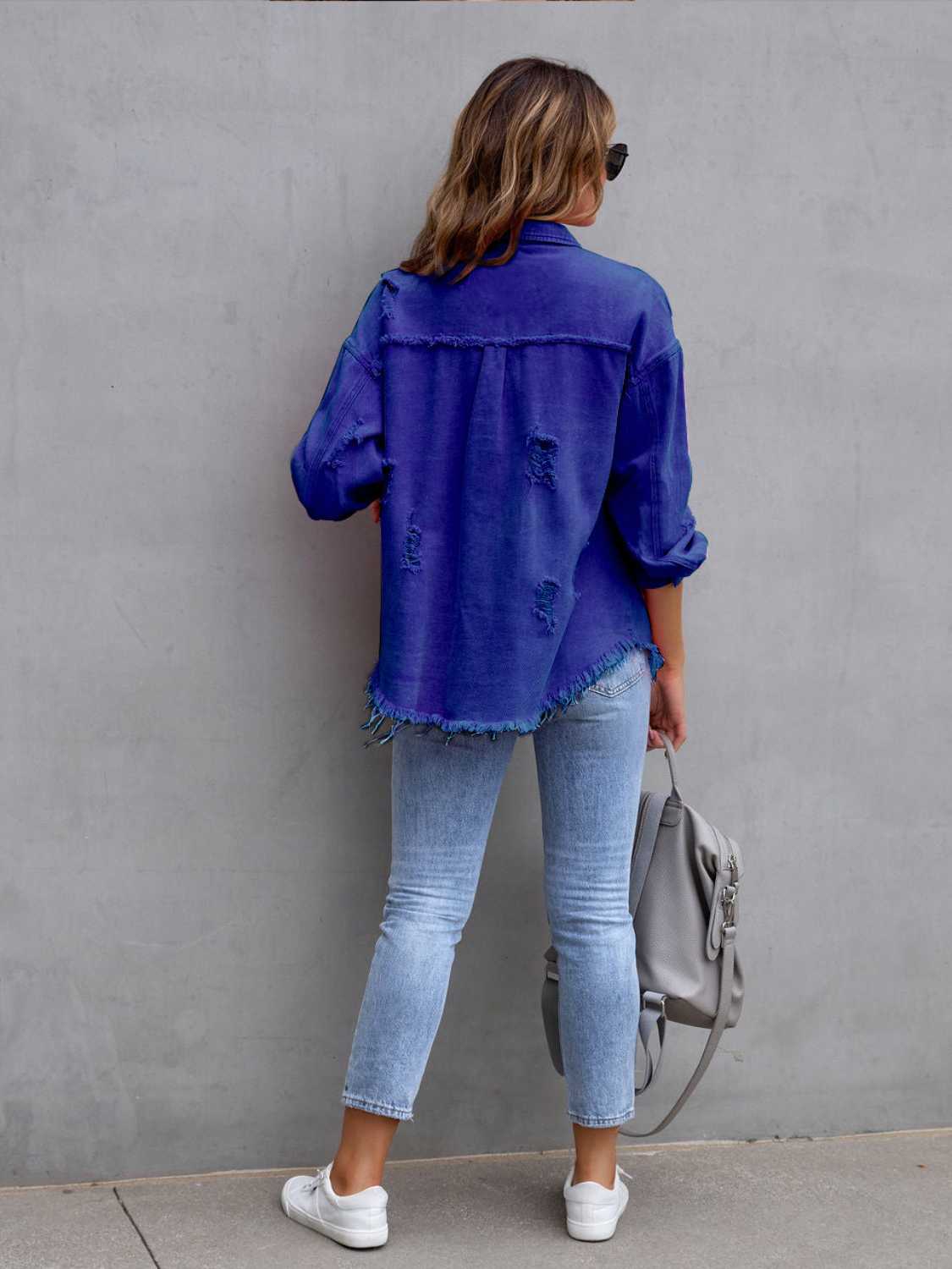 Distressed Drop Shoulder Denim Jacket – Casual Oversized Style