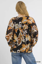 Autumn Leaf Print Chiffon Blouse – Long Balloon Sleeve Casual Top