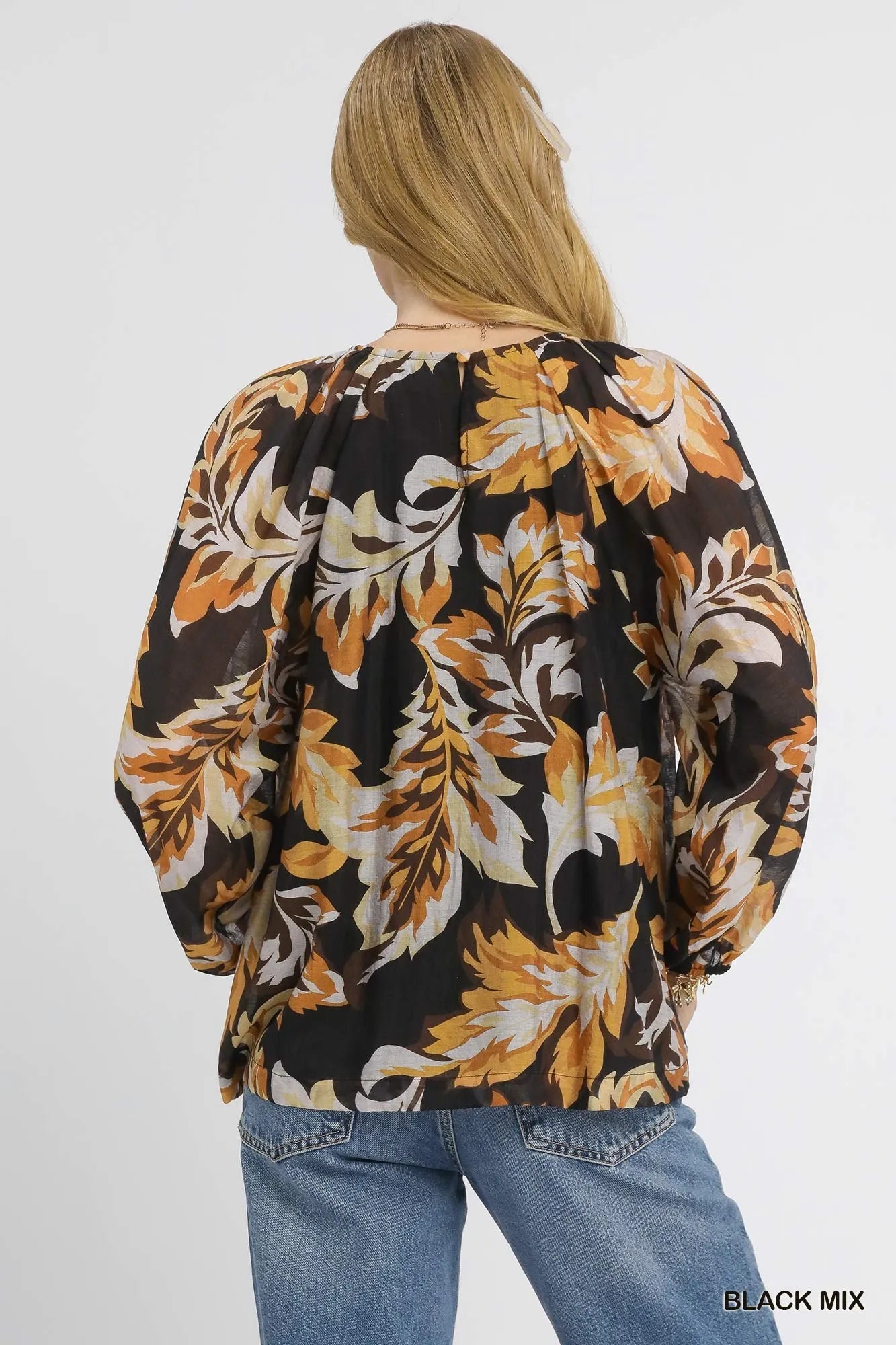 Autumn Leaf Print Chiffon Blouse – Long Balloon Sleeve Casual Top