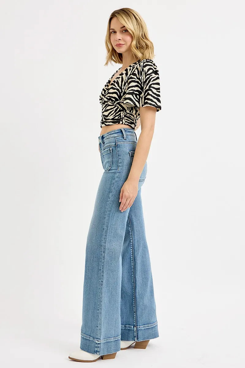 Vintage Flare Jeans – High Waist Patch Pocket Light Wash Denim