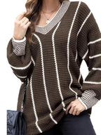 Brown V-neck textured knit sweater with bold white vertical stripes and ribbed cuffs