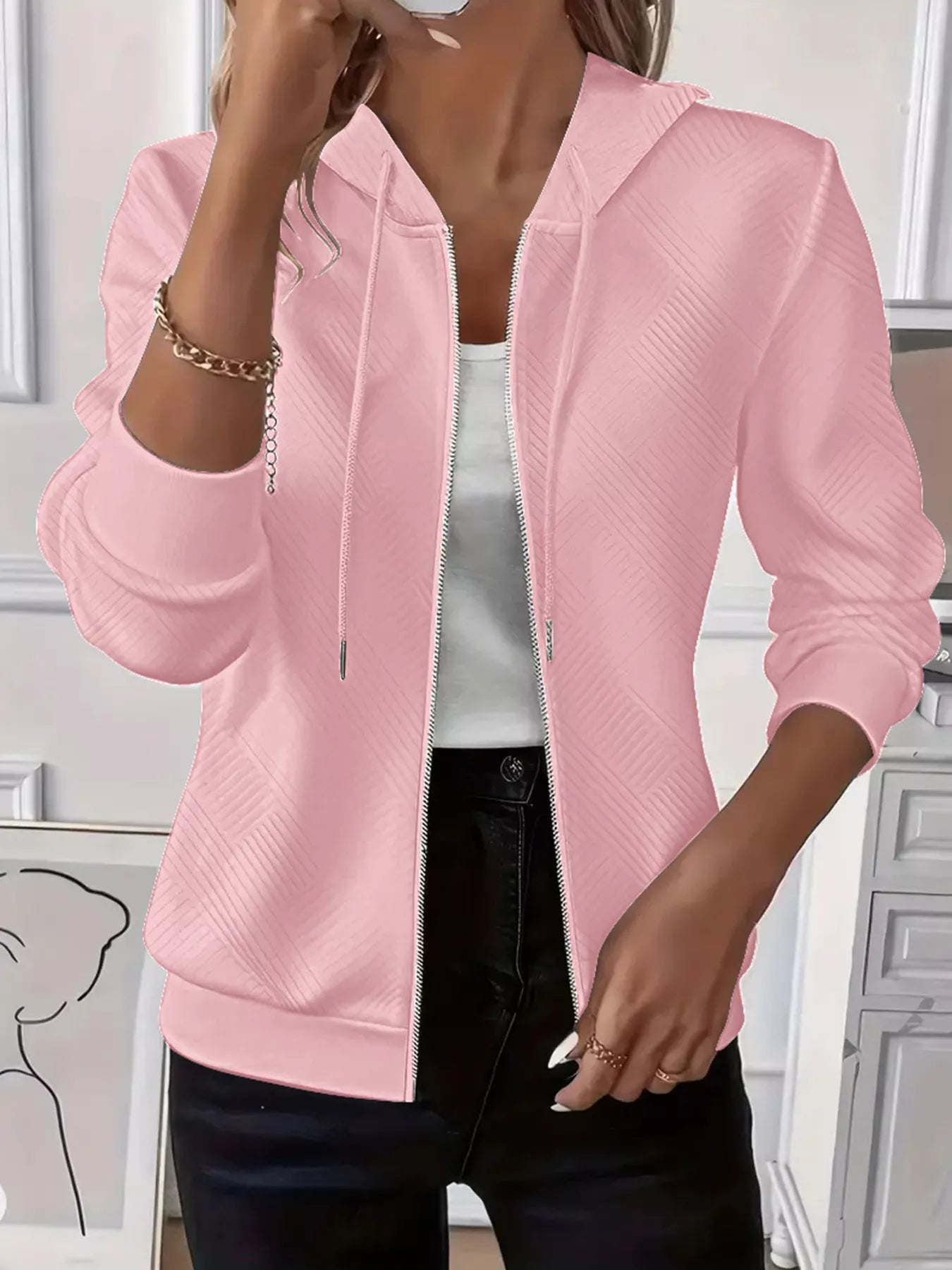 Texture Zip-Up Hoodie with Drawstring – Casual Everyday Layer