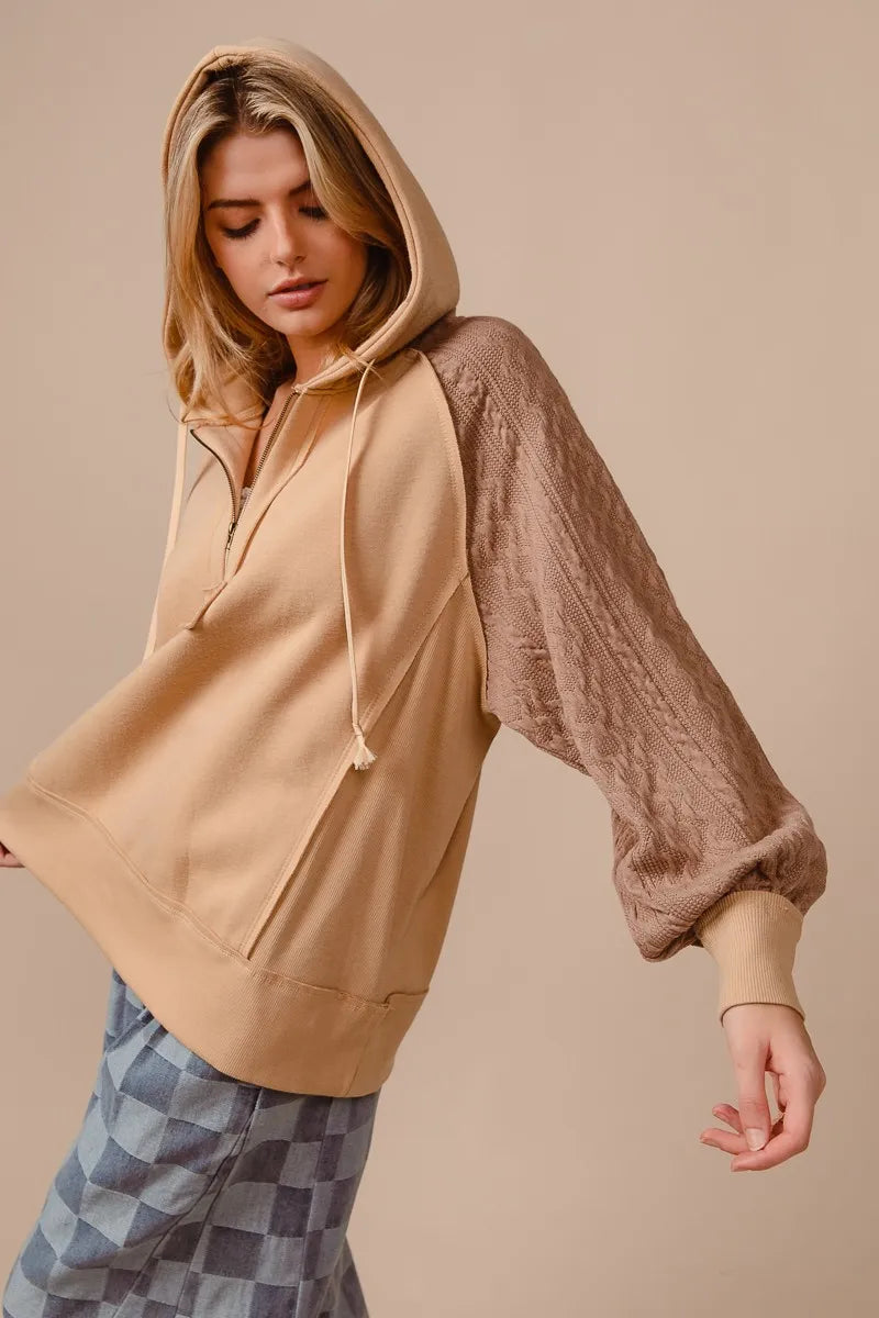 Half Zip French Terry Hoodie with Knit Sleeves