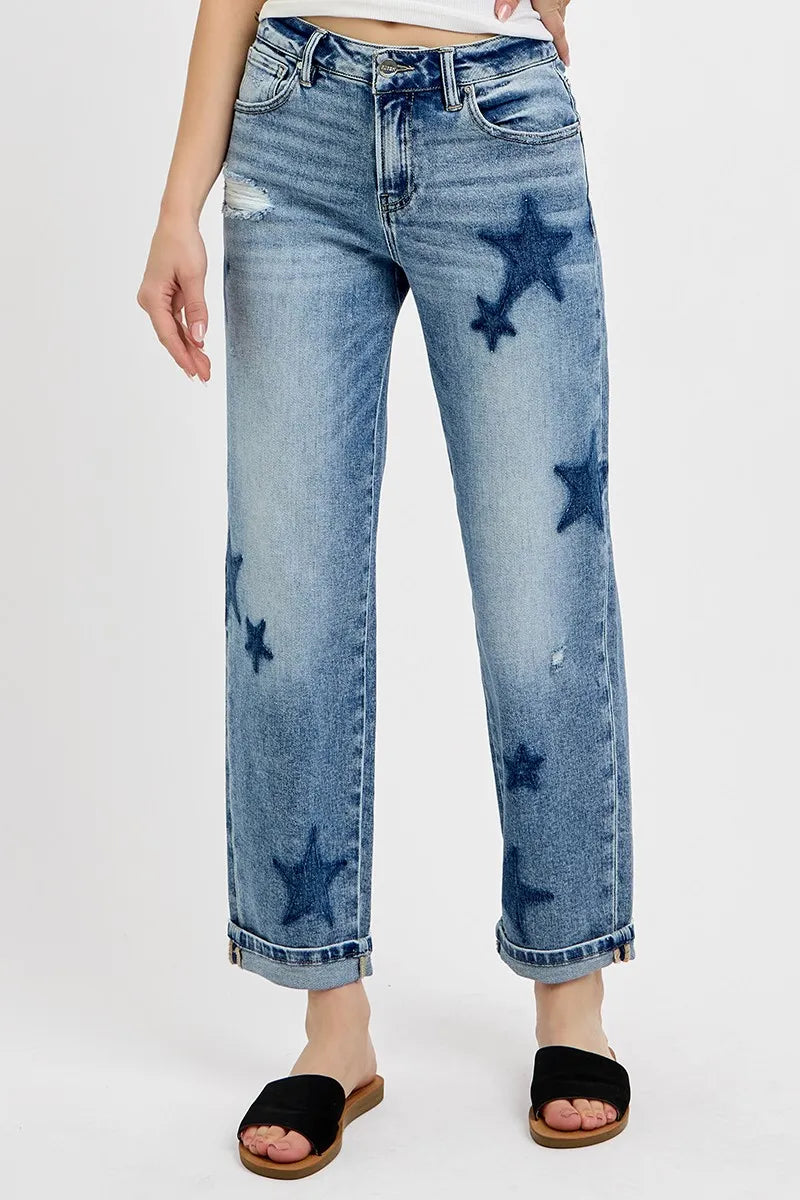 Dreamkue-Risen Women's Mid Rise Boyfriend Jeans with Star Shadow Detail and Cuffed Hem