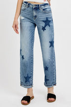 Dreamkue-Risen Women's Mid Rise Boyfriend Jeans with Star Shadow Detail and Cuffed Hem
