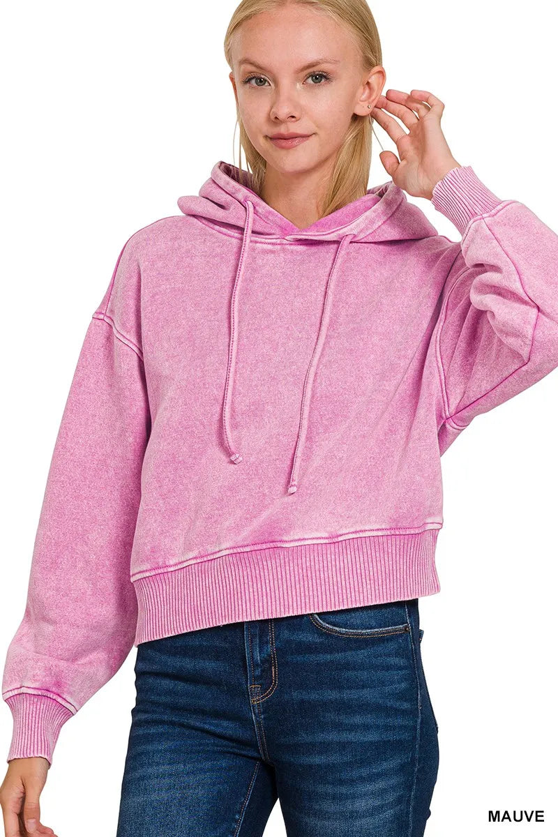 Acid Wash Fleece Cropped Hoodie with Drawstring – Trendy & Cozy