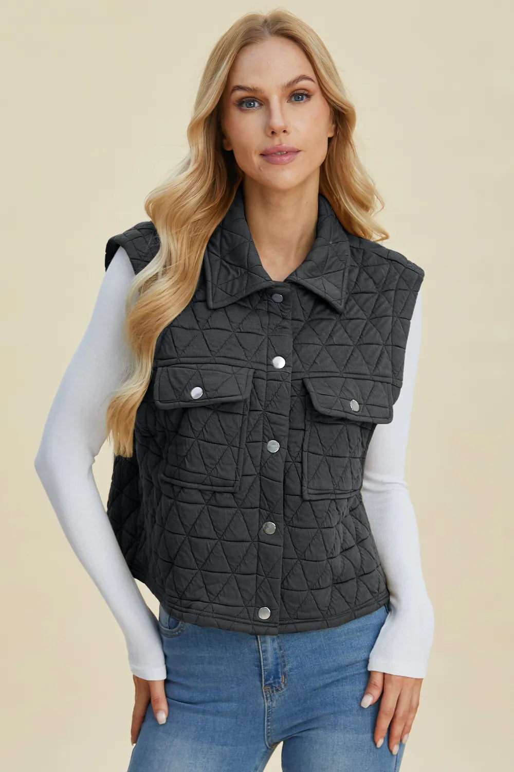 Double Take Full Size Snap Down Textured Vest Coat with Pockets