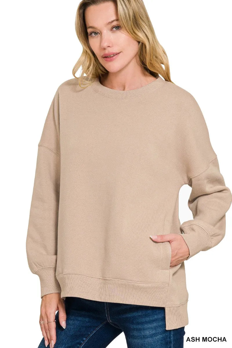 Zenana Fleece Hi-Low Boyfriend Sweatshirt with Pockets