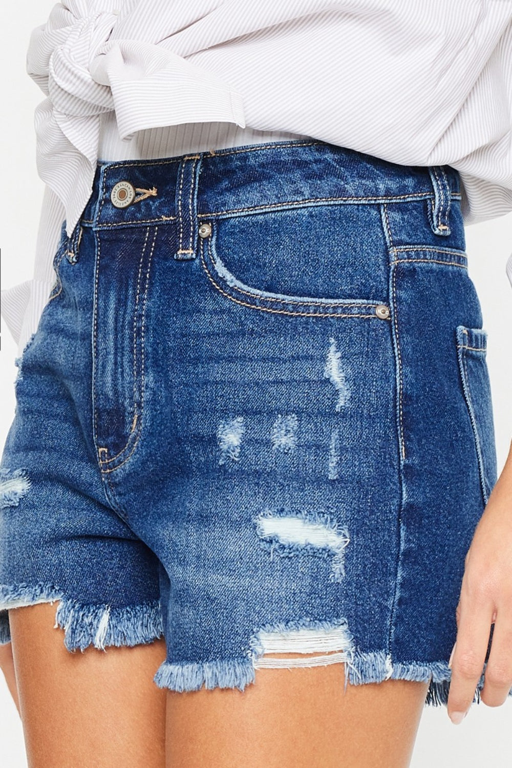 Kan Can High Rise Frayed Hem Denim Shorts