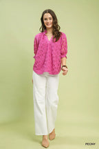 Peony pink linen lace V-neck top with puff sleeves and pintuck-like texture