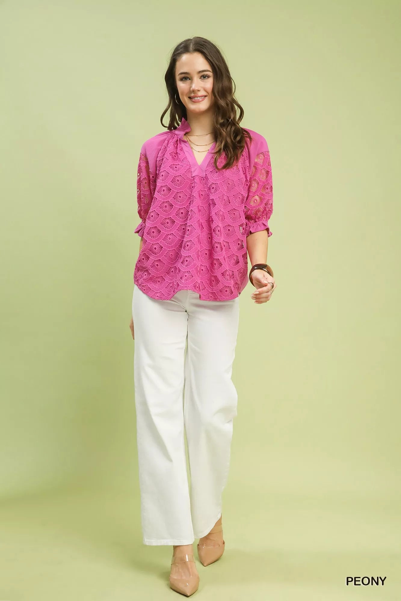 Peony pink linen lace V-neck top with puff sleeves and pintuck-like texture