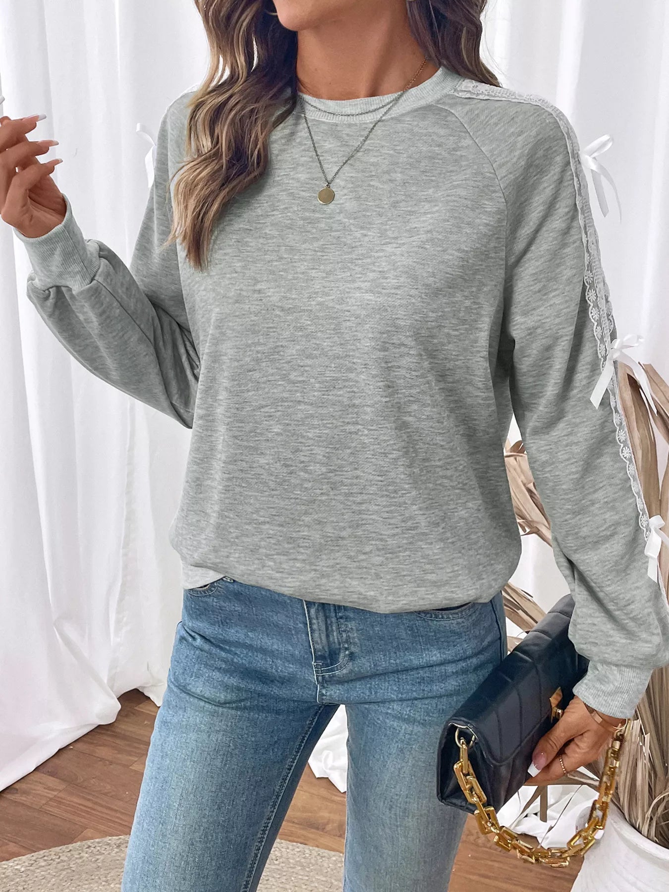 Lace Detail Round Neck Sweatshirt – Feminine Casual Style