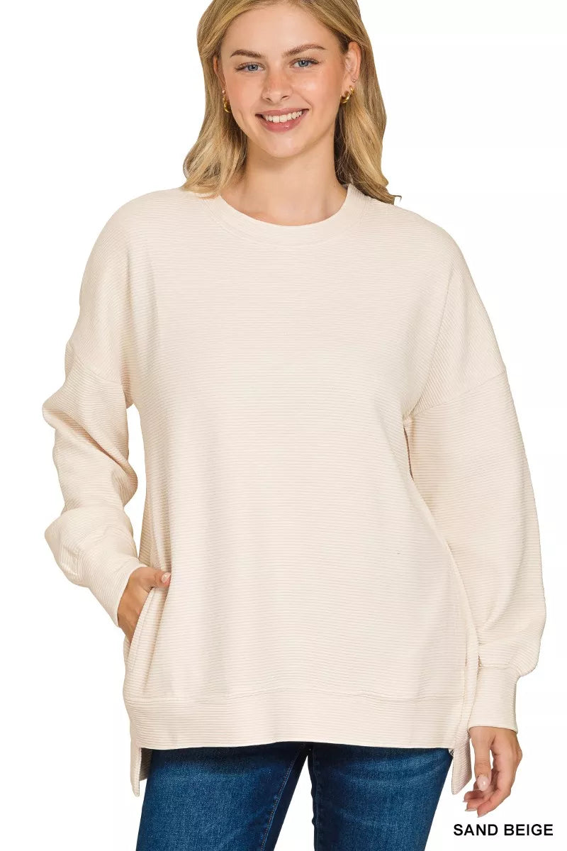 Acid Washed Double Ribbed Hi-Low Pullover