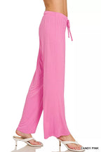 Pink loungewear pants set with drawstring waist and wide-leg trousers