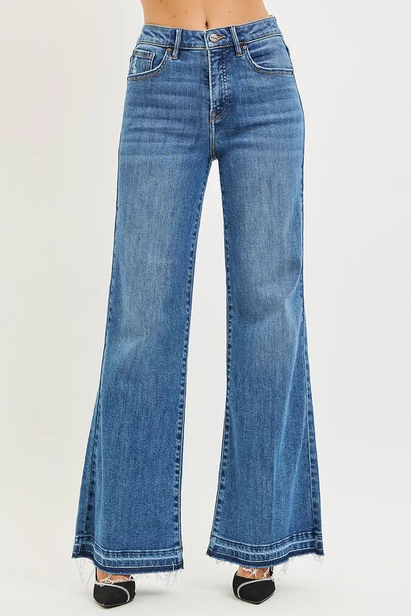 Women's high-rise wide-leg jeans, medium blue wash, released frayed hem