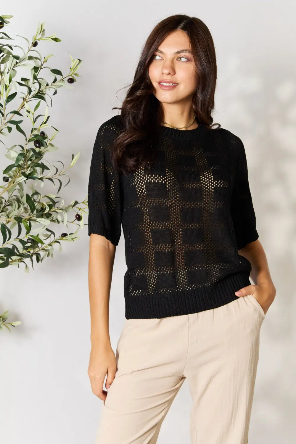Solid Knit Half Sleeve Top – Classic Round Neck Everyday Top