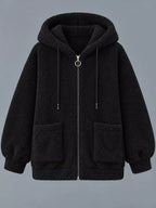 Black fleece zip-up hoodie with hood and two front patch pockets, front view