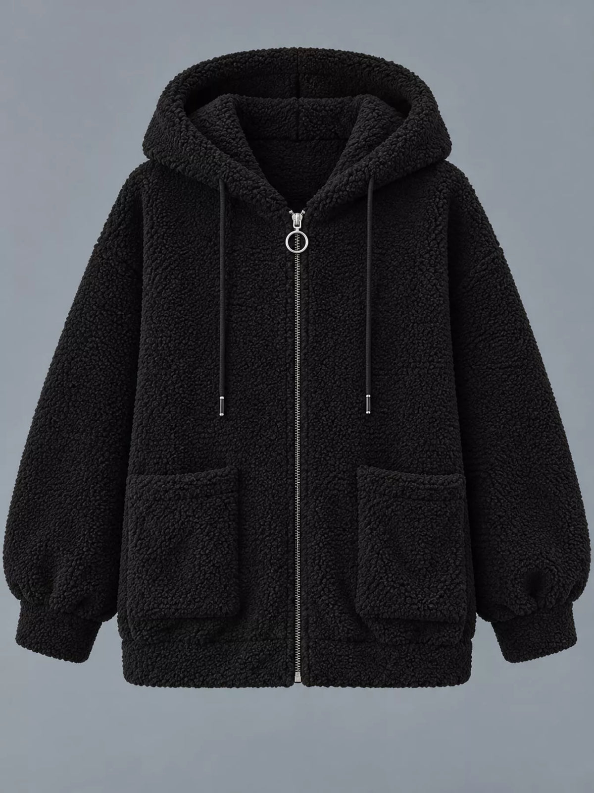 Black fleece zip-up hoodie with hood and two front patch pockets, front view