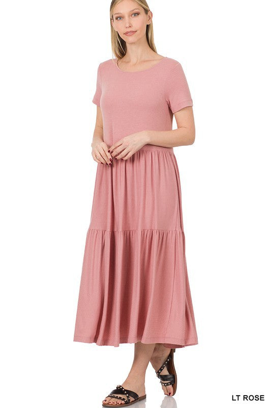 Zenana Short Sleeve Tiered Midi Dress