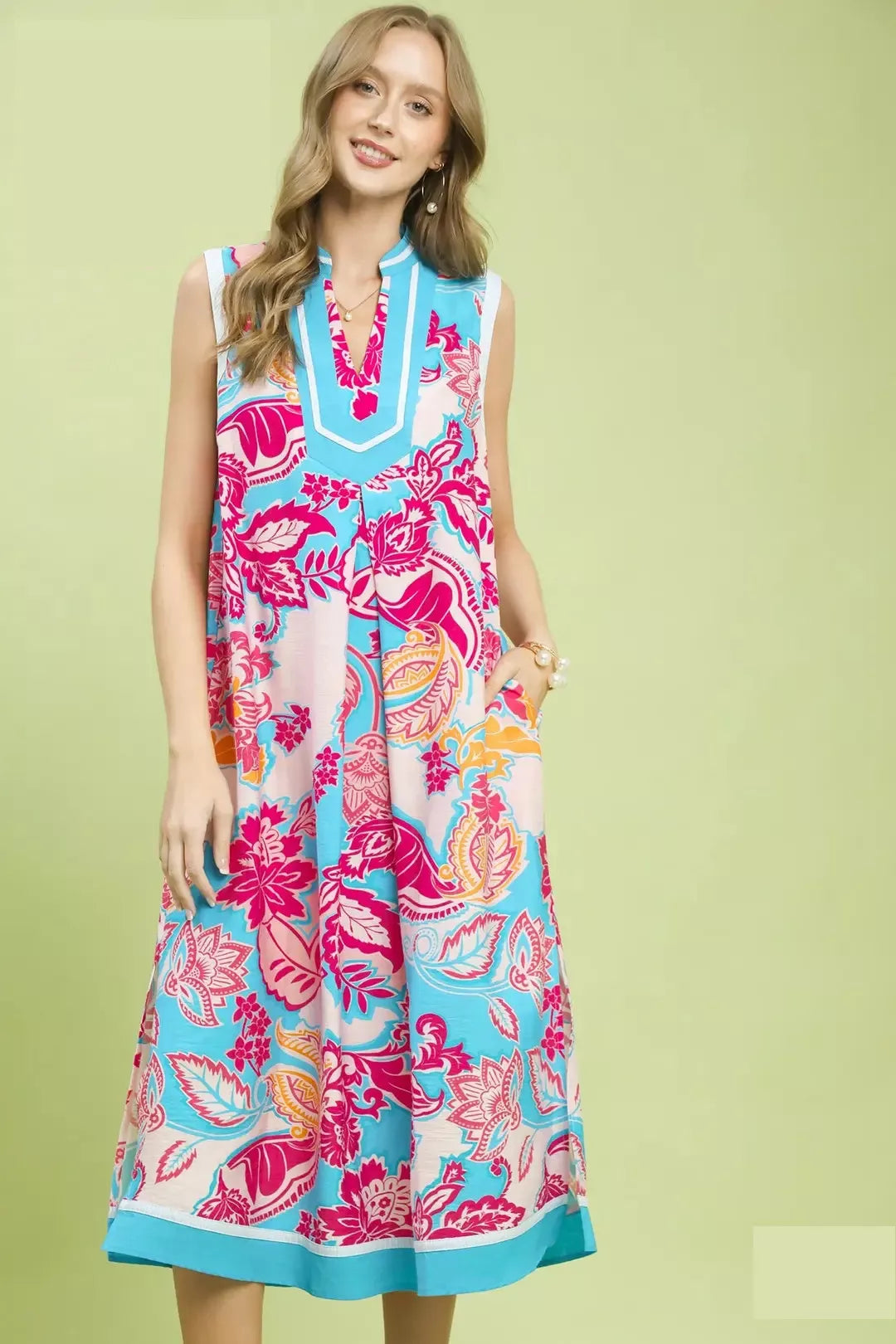 Floral sleeveless midi dress, blue V-neck with pink and teal paisley print