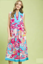 Floral sleeveless midi dress, blue V-neck with pink and teal paisley print