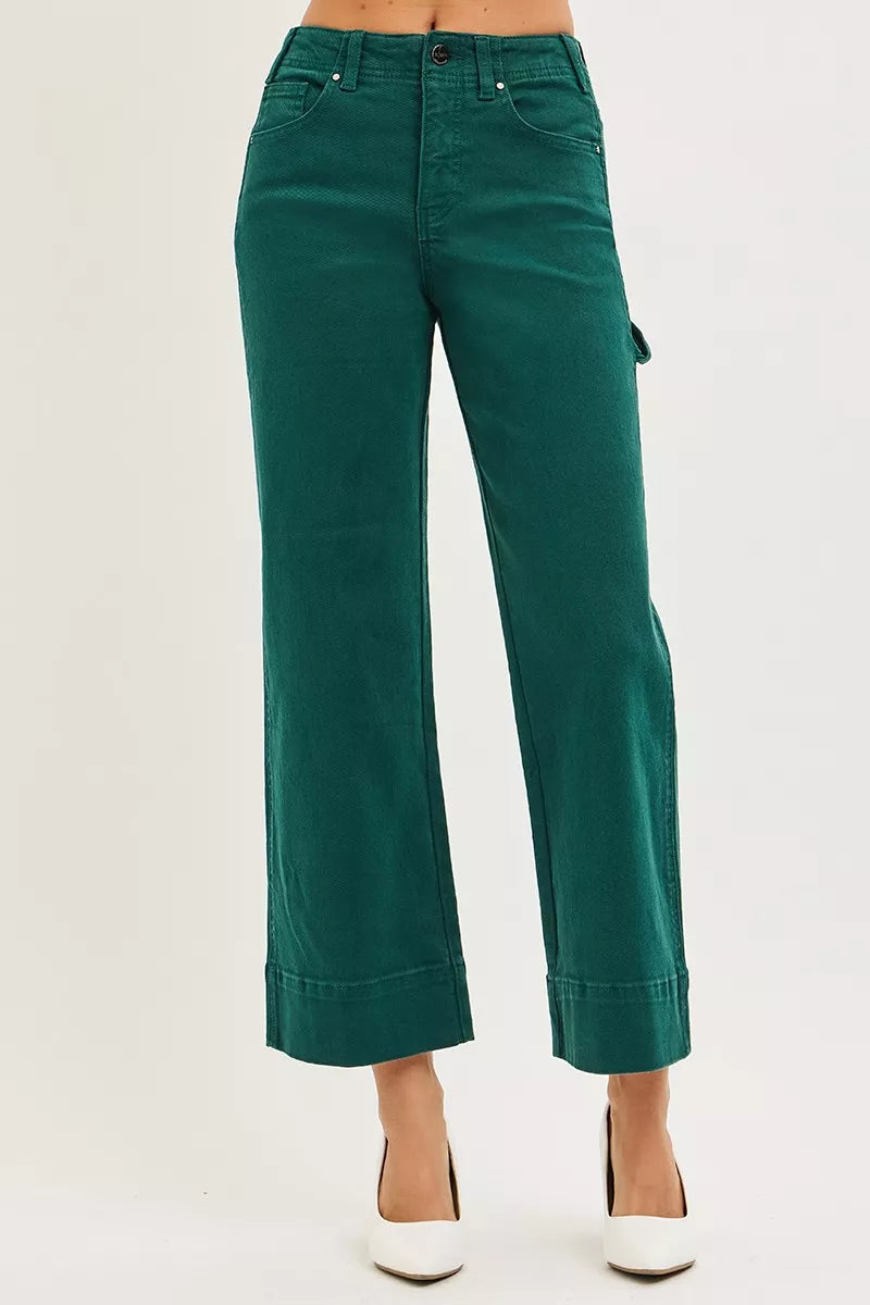 Hunter green high-rise wide-leg crop jeans for women, front seam detail, cropped hem