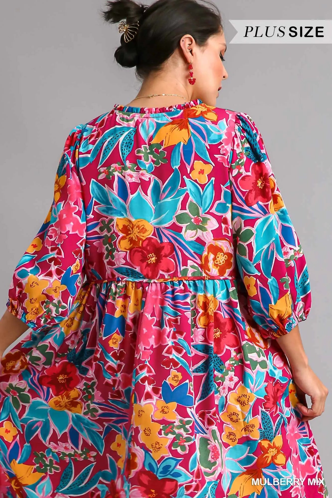 Floral Print Tie Neck Midi Dress with Pockets – Elegant & Chic
