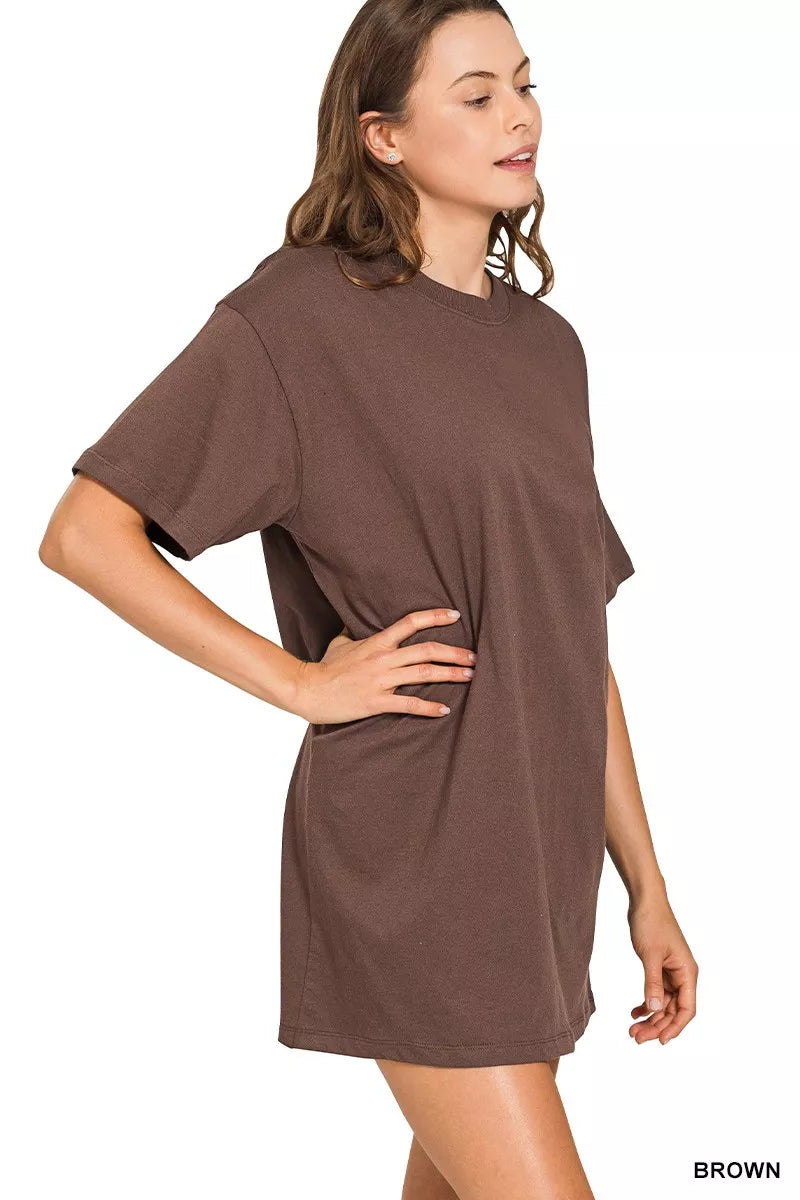 Zenana Oversized Tee Dress – Cotton Blend Crew Neck Casual Mini Dress