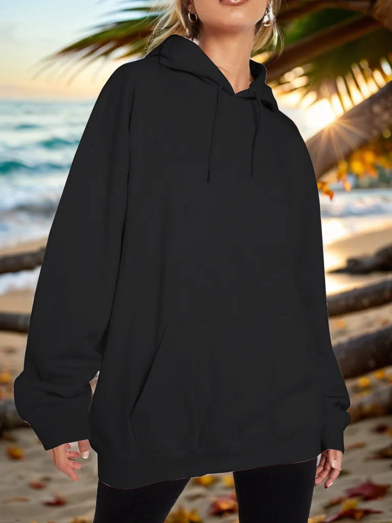 Black drawstring hoodie with dropped shoulders and front kangaroo pocket