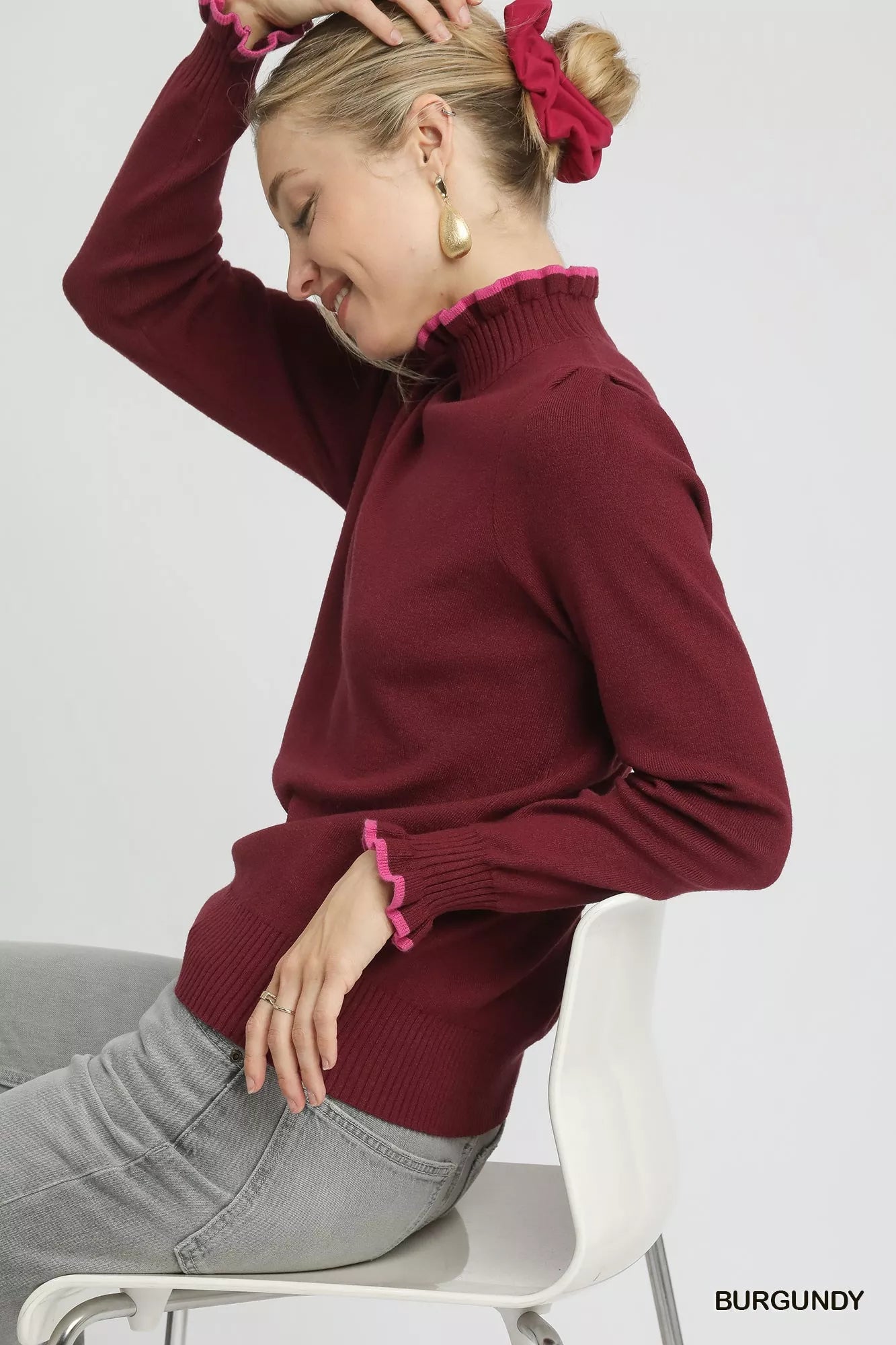 Ribbed Round Neck Sweater with Ruffle Trim – Feminine Winter Knit