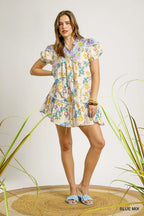 Floral Tie Neck Puff Sleeve Dress Vintage-Inspired Elegance