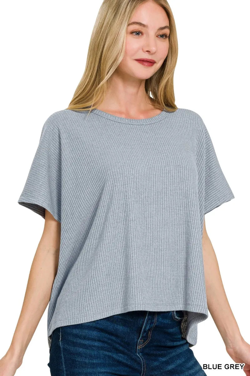 Oversized Ribbed Knit Pullover Short Sleeve Top Relaxed Fit