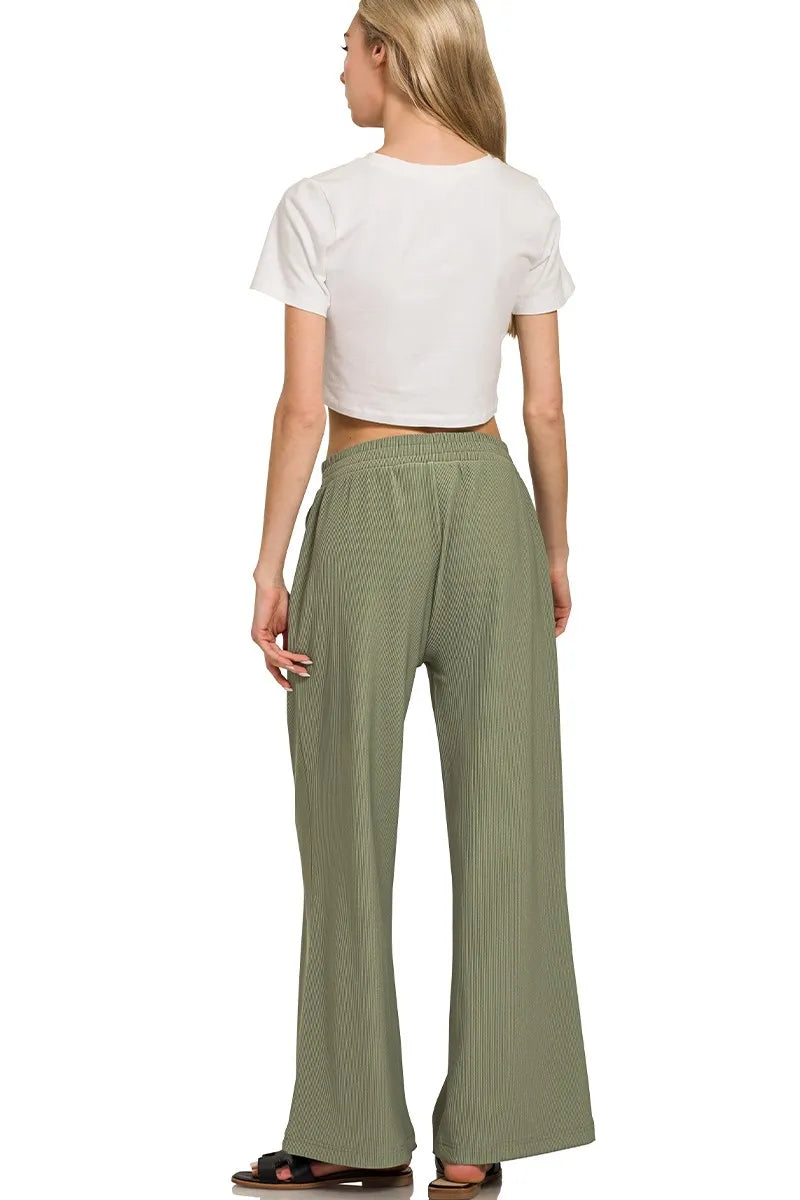Olive Green Ribbed Knit Lounge Set – Half-Zip Hoodie & Palazzo Pants