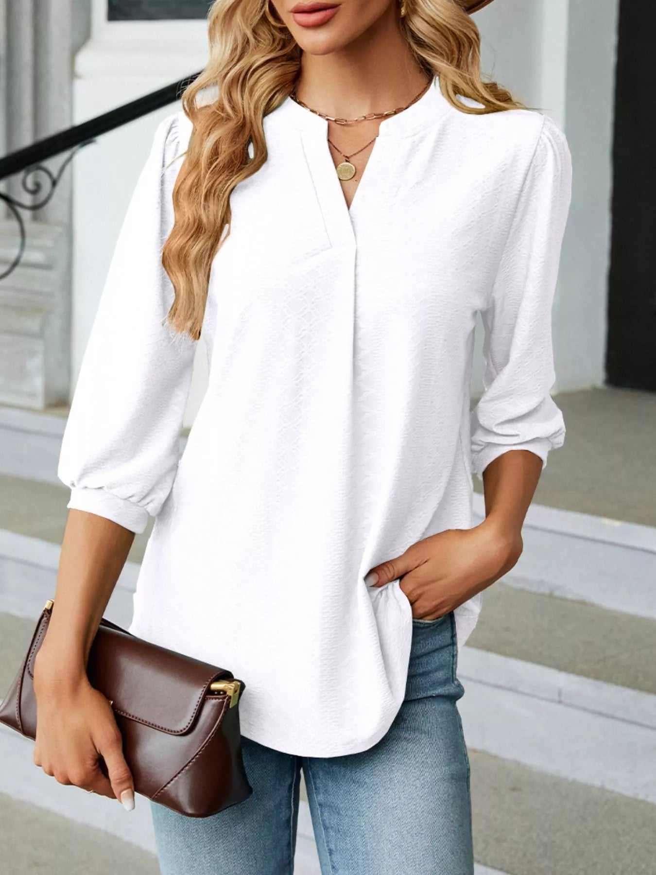 Notched 3/4 Sleeve Casual Top – Effortless Everyday Style