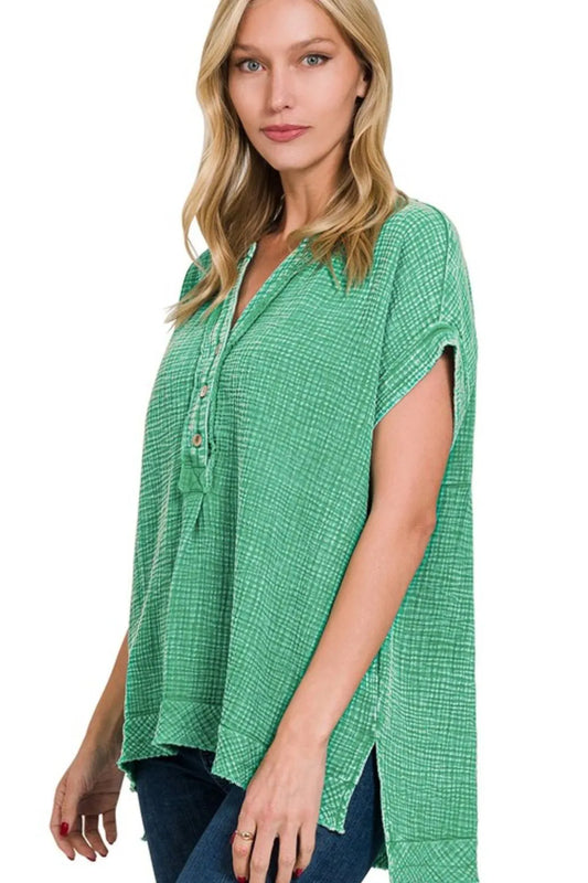 Kelly Green Waffle Oversized Blouse – V-Neck, Tassel Ties & Side Slits