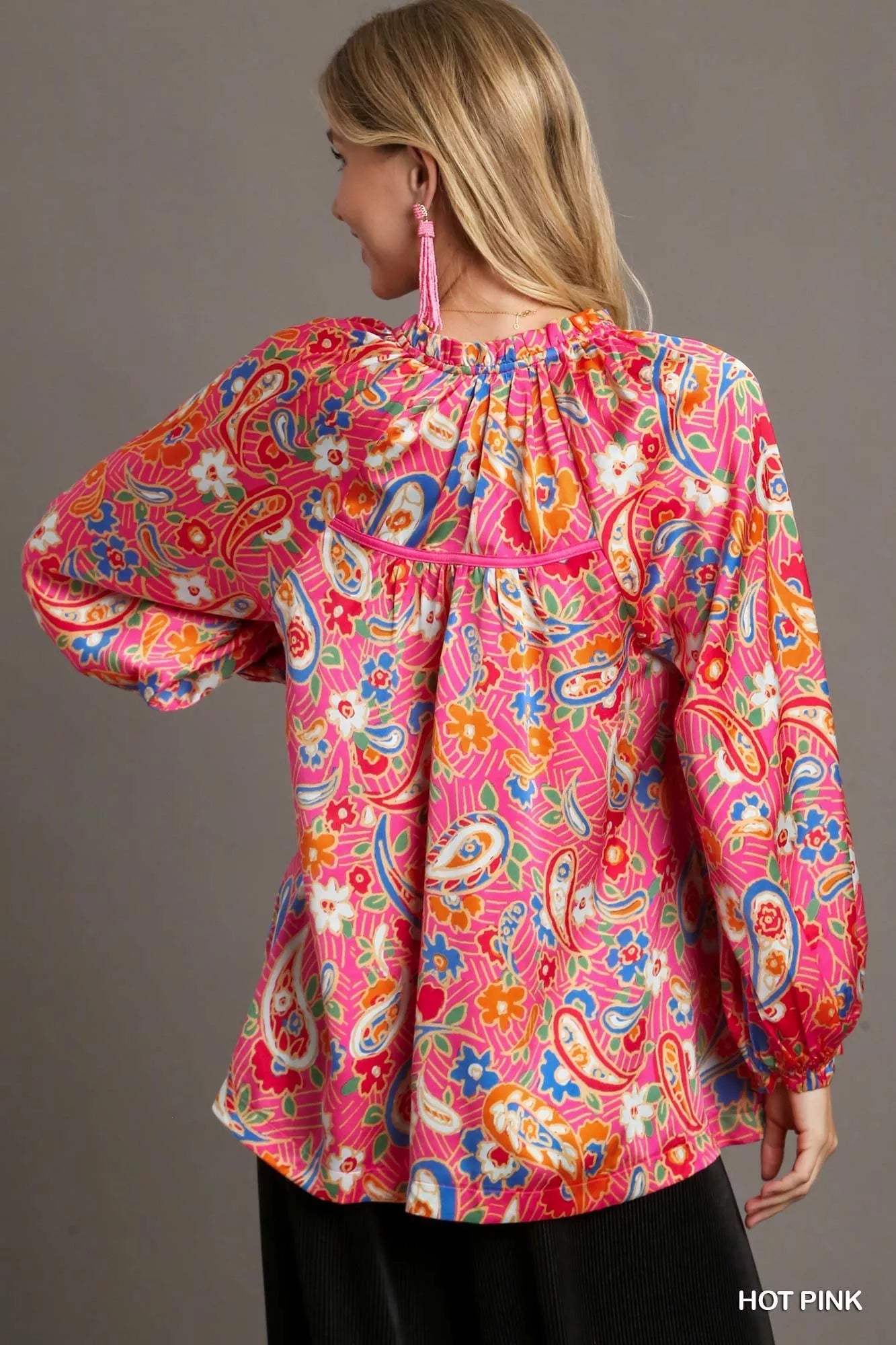 Satin Paisley Shirt – Vibrant Boho Ruffle Neck Blouse