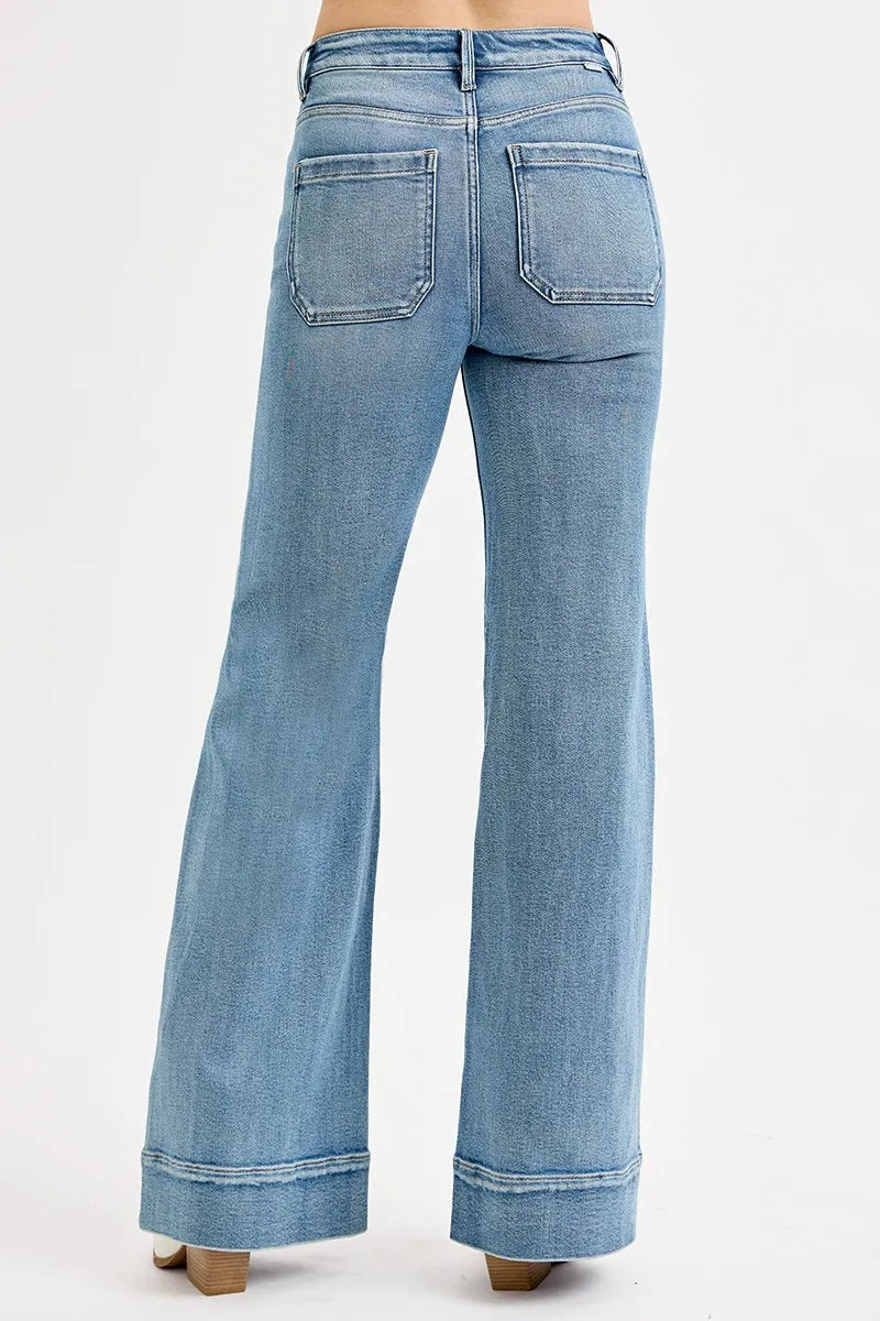 Vintage Flare Jeans – High Waist Patch Pocket Light Wash Denim