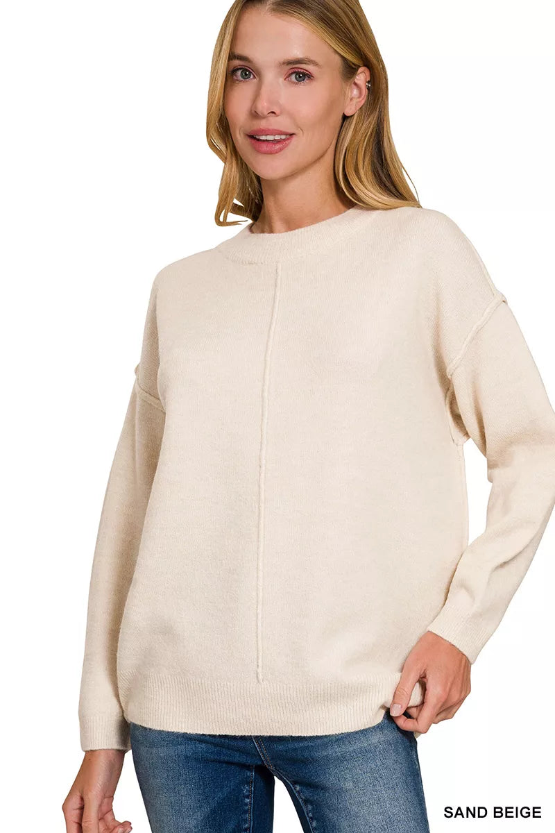 Zenana Melange Front Seam Round Neck Sweater
